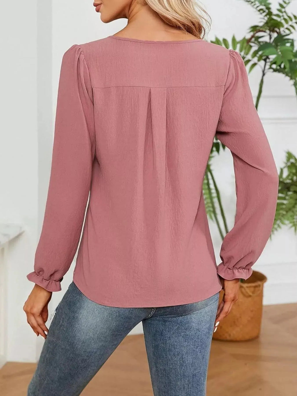 Notched Ruffle Cuff Blouse