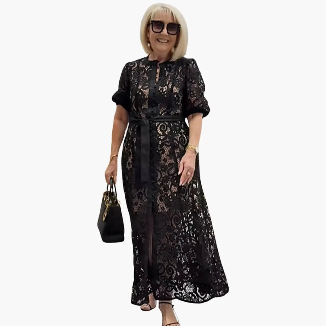 Women's Maxi Dress with Keyhole Neck and Lace Overlay