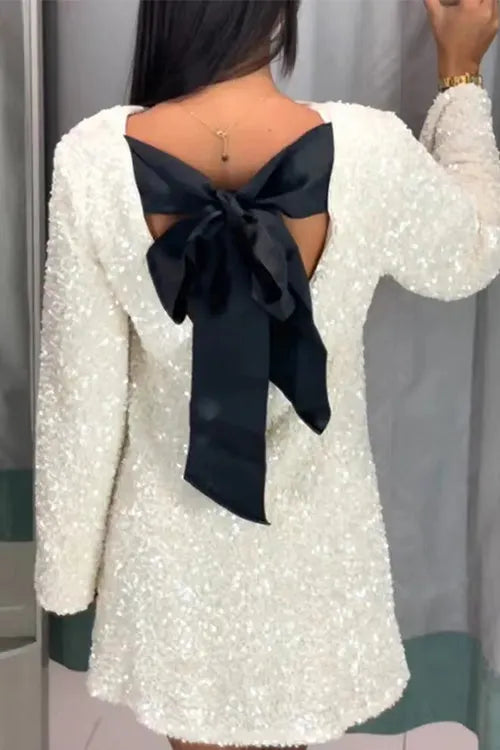 Long Sleeves Bow Back Sequin Party Dress