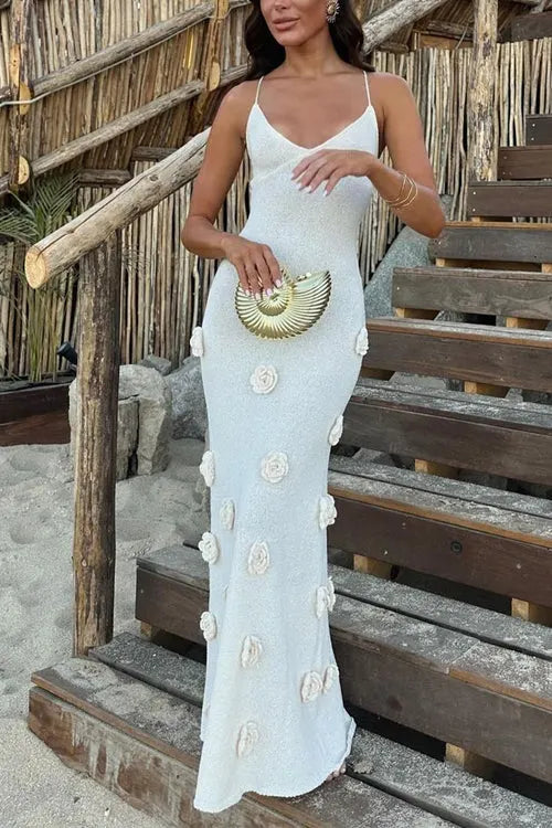 Open Back Flowers Applique Knitting Maxi Vacation Dress