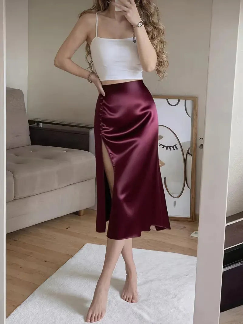 Satin Skirt for Women with High Split and Knot Details