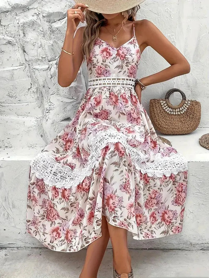 Geblümtes Midi-Kleid mit Spitze