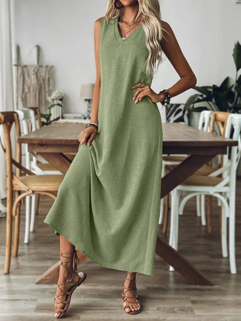 Vestido Longo Mangas com Decote Entalhado Verde