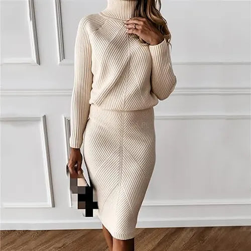 Elegant Knitted Women's Set with Turtleneck and Midi Skirt
