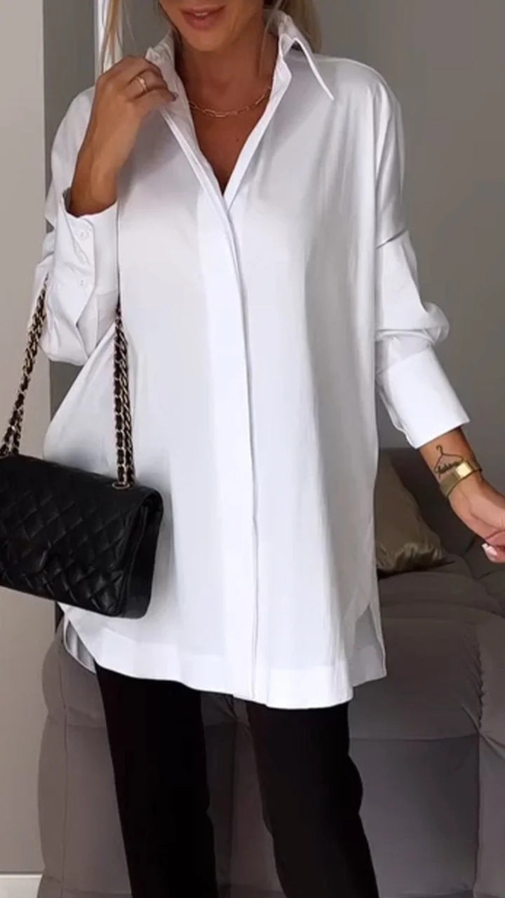 Women Long Sleeve Blouse Lapel Slit Shirt