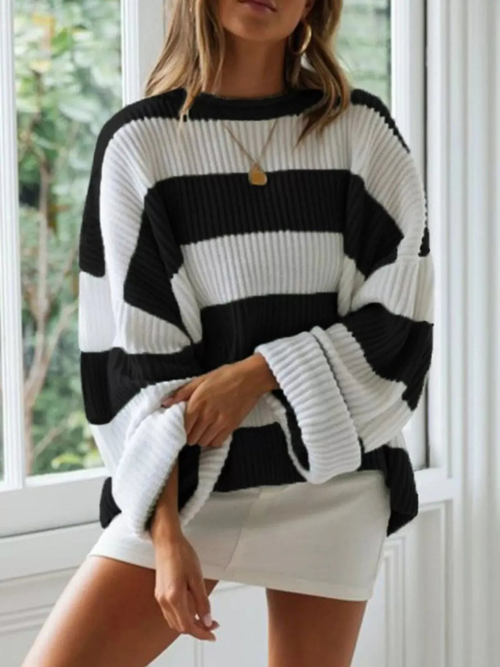 Full Size Contrast Striped Round Neck Sweater Plus Size