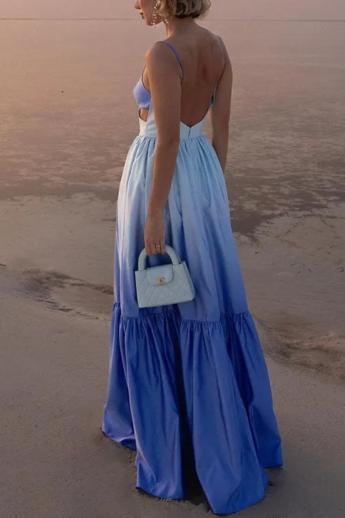 Backless Cut Out Gradient Tie Dye Ruffle Maxi Cami Dress