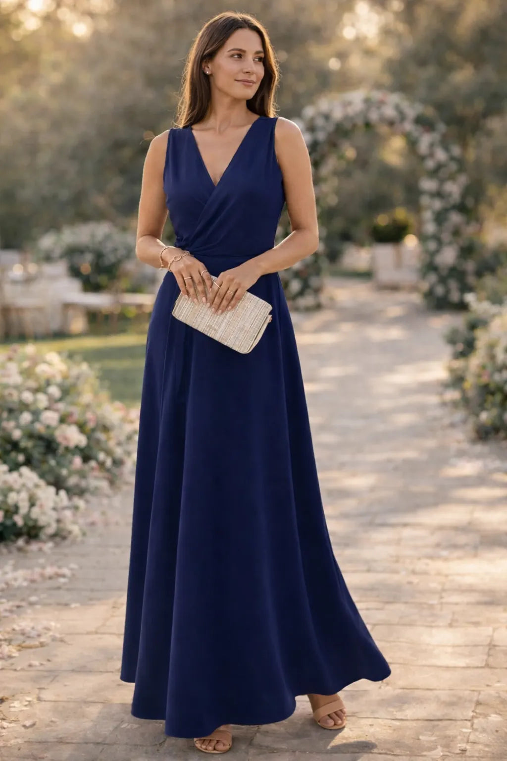 Maxikleid Damen lang elegant V-Ausschnitt ärmellos