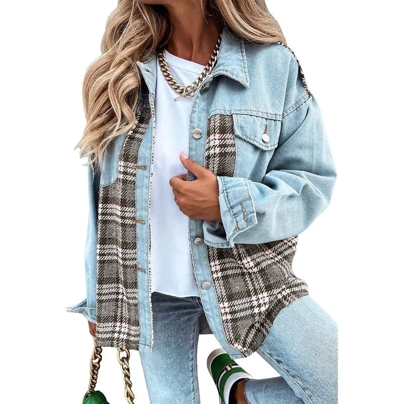 NINA | Dames Denim Jack Met Geruit Detail – Stoer, Vrouwelijk & Perfect Voor Elke Dag