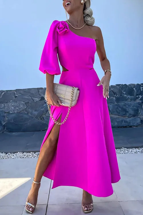 3D Rose One Shoulder Cut Out Waist Slit Midi Satin Dress