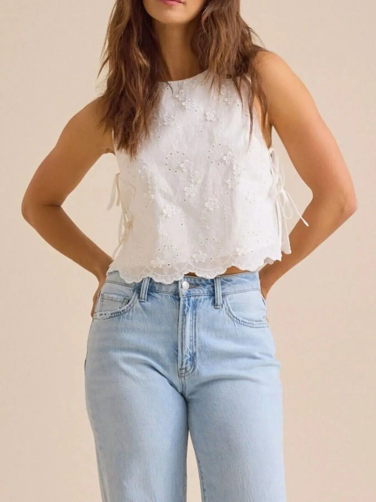 Eyelet Embroidered Scalloped Hem Tank Top