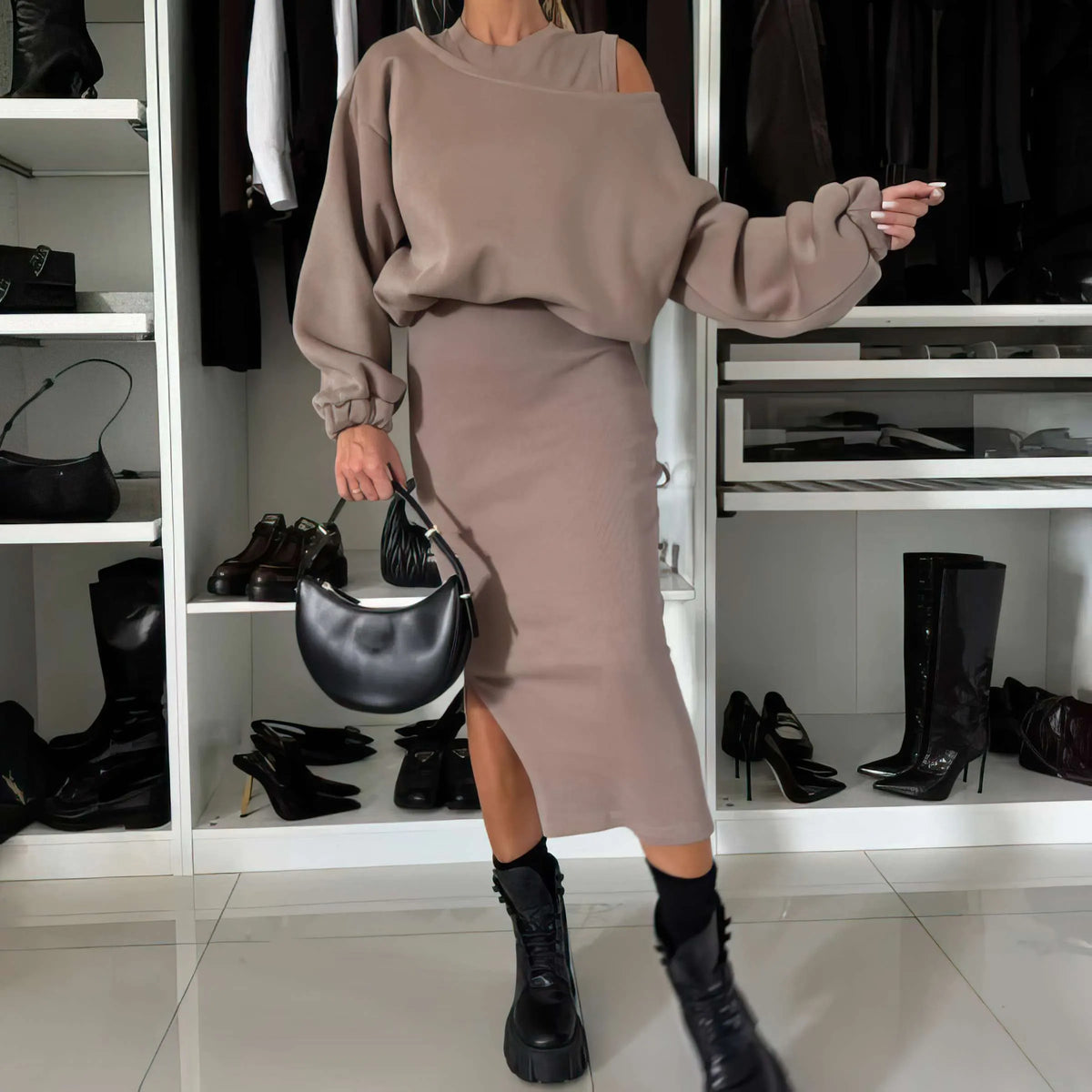 Jamy | Set with Cold-Shoulder Top and Midi Skirt