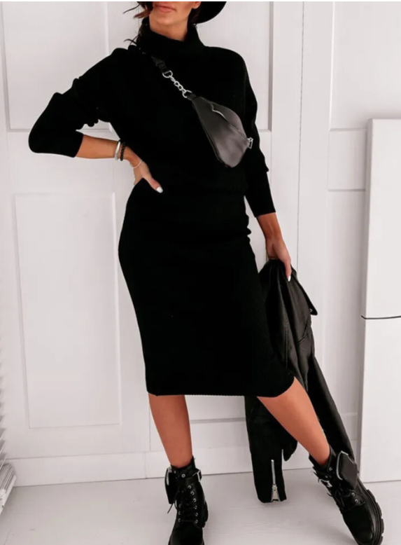 Elegant Knitted Women's Set with Turtleneck and Midi Skirt