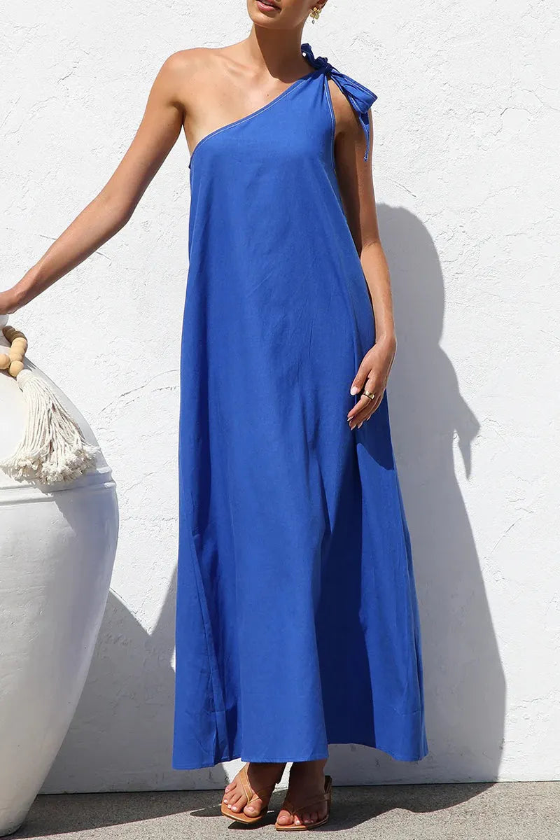 Casual Solid Color Lace Up Sloping Shoulder Irregular Dresses