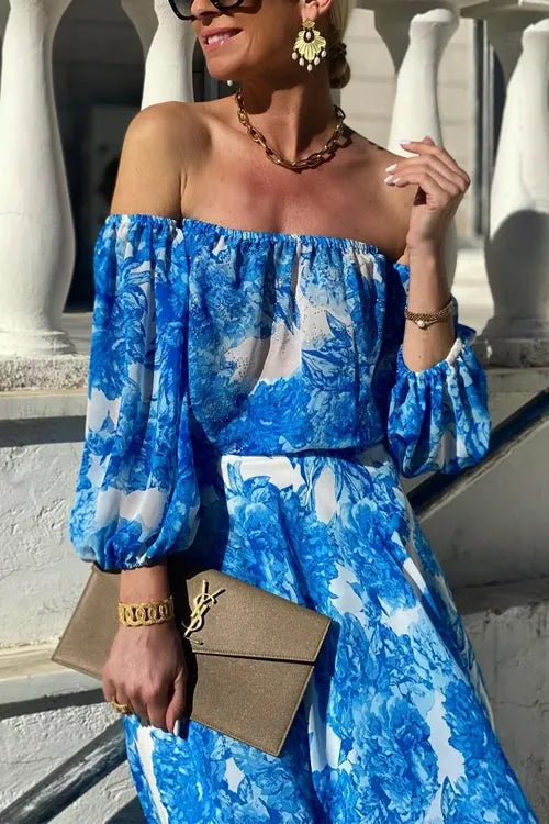 Off Shoulder Lantern Sleeves Printed Flowy Maxi Dress