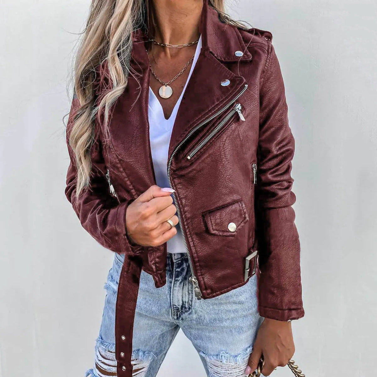 BEAUDINE | Stoere Leren Dames Jas Met Gesp & Rits Details
