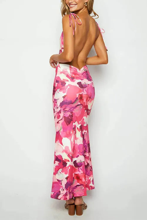 Tie Shoulder Backless Printed Maxi Cami Dress