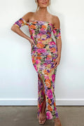 Off Shoulder Side Split Ruched Floral Bodycon Maxi Dress