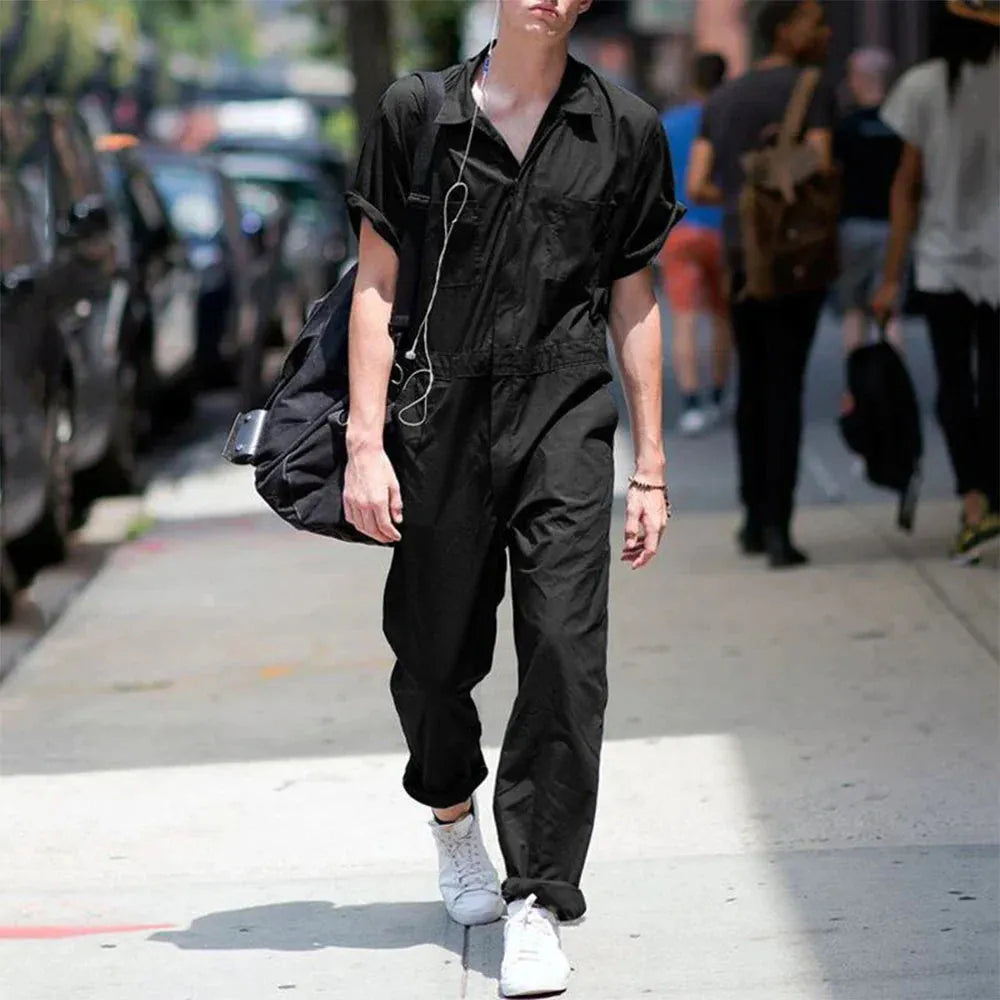 Herren Jumpsuit mit V-Ausschnitt, lockerer Passform und Seitentaschen