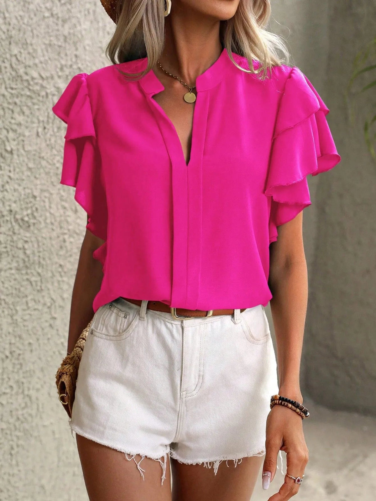 Ruffle Sleeve Notched Blouse