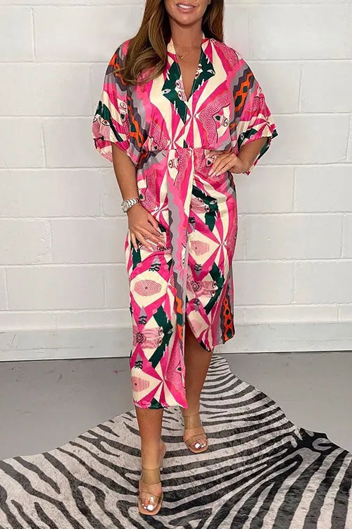 V Neck Half Sleeve Waisted Slit Printed Midi Dress