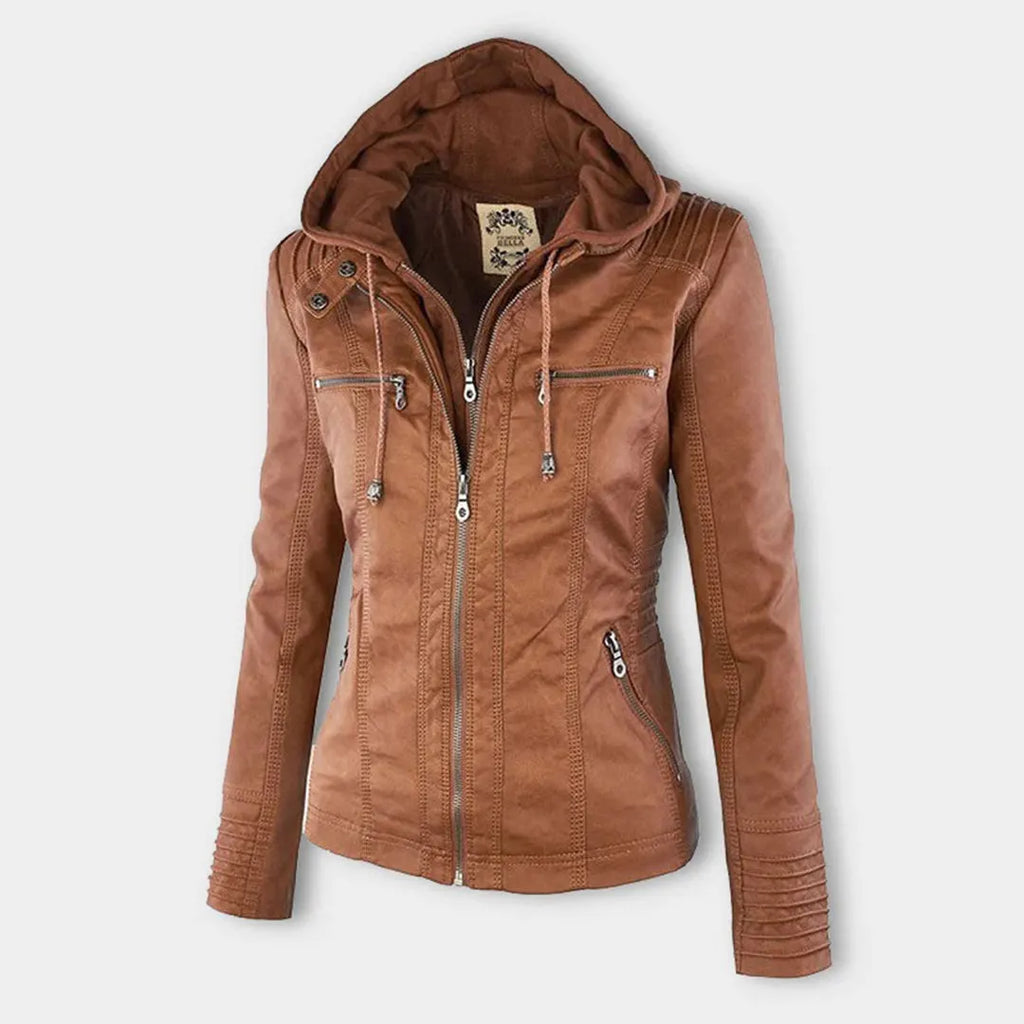 - Damen Lederjacke mit Kapuze