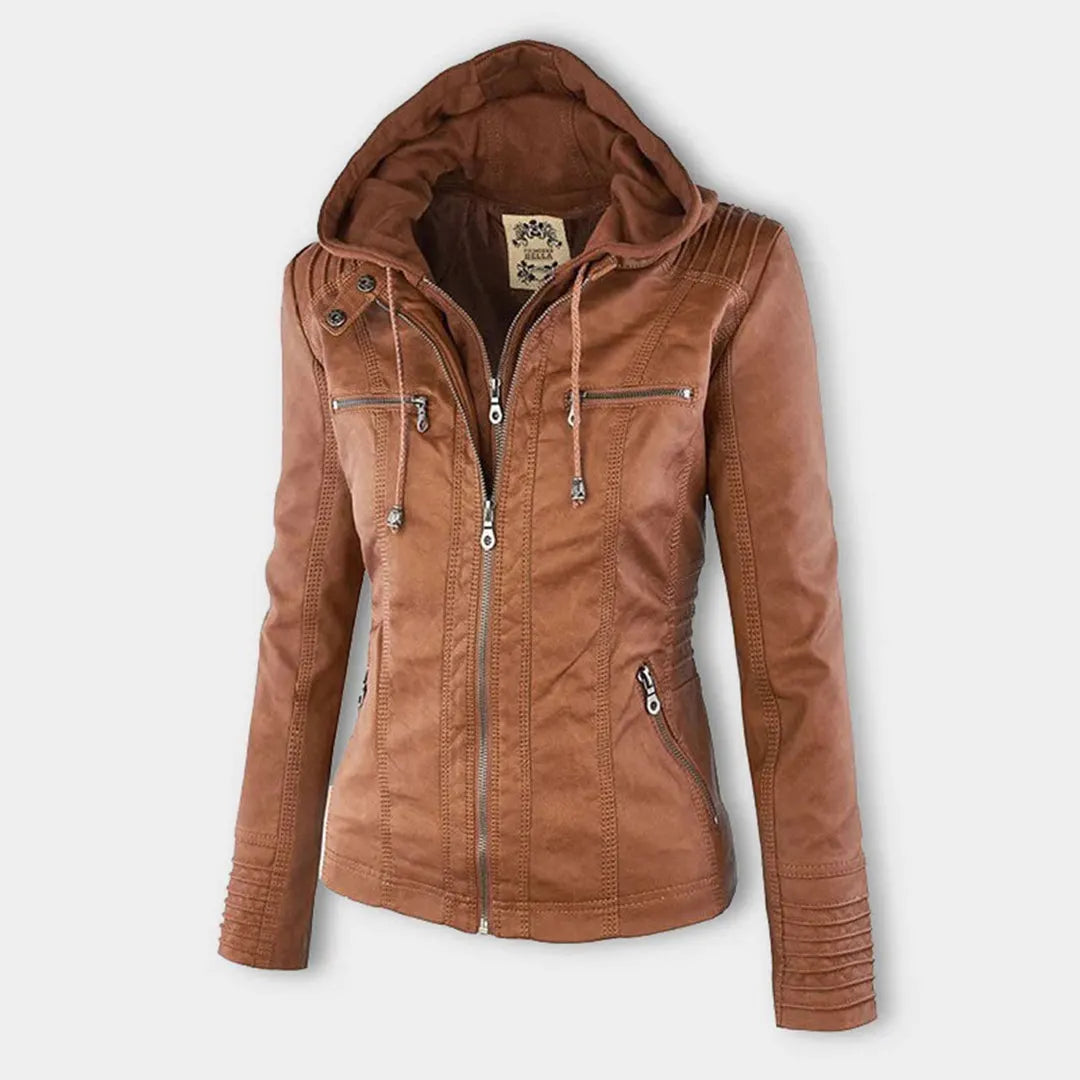 - Damen Lederjacke mit Kapuze