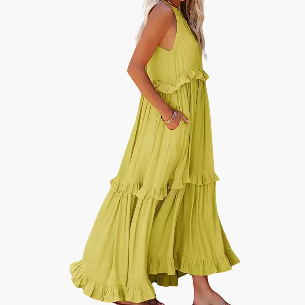 Womenâs Maxi Dress with Cascading Ruffle Tiers and Adjustable Straps