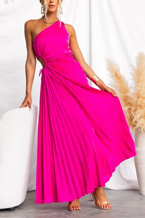 One Shoulder Drawstring Cut Out Pleated Swing Maxi Dress