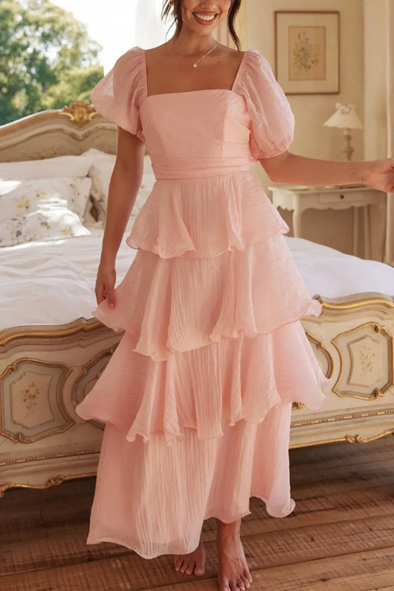 Casual Backless Flounce Square Neck Cake Skirt Dresses