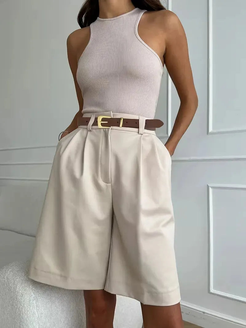 Women's Shorts with High Waist and Gold Buckle