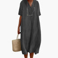 Women's Midi Dress with V-Neck and Short Sleeves