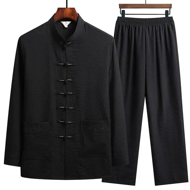 Damen Leinen-Set mit Langarm-Oberteil, Stehkragen und Froschknöpfen