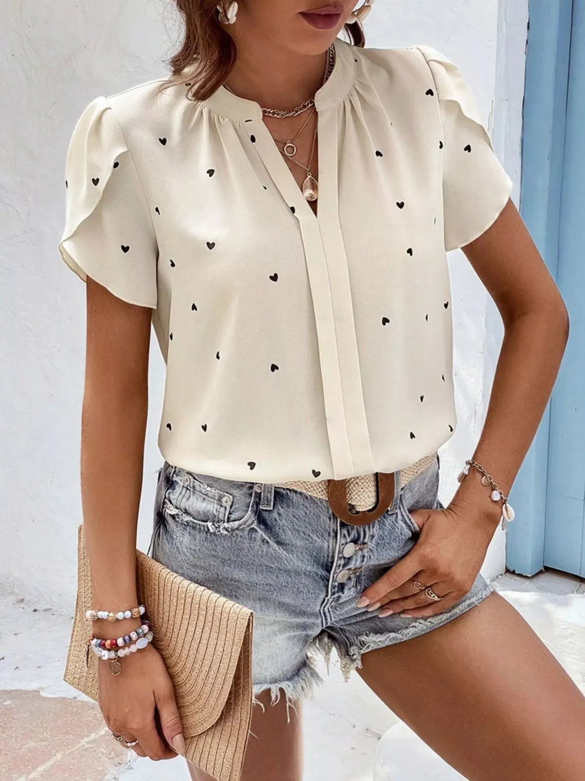 Heart Print Petal Sleeve Blouse