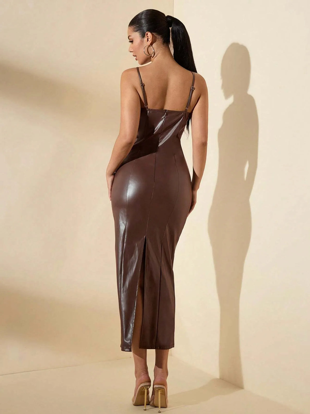 Vestido Midi em Couro Marrom Iolanda