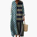 Womenâs V-Neck Long Sleeve Midi Dress â Geometric Striped Patchwork