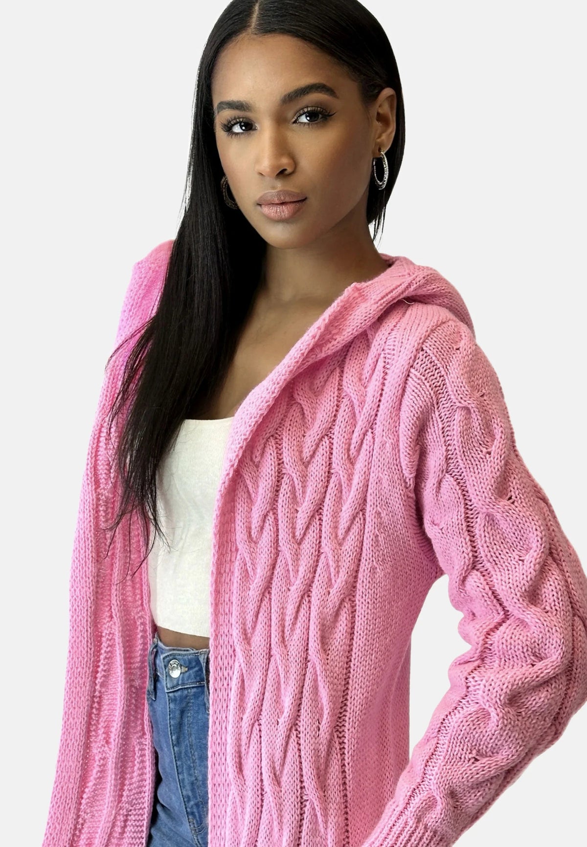 - Lange Strickjacke mit Kapuze