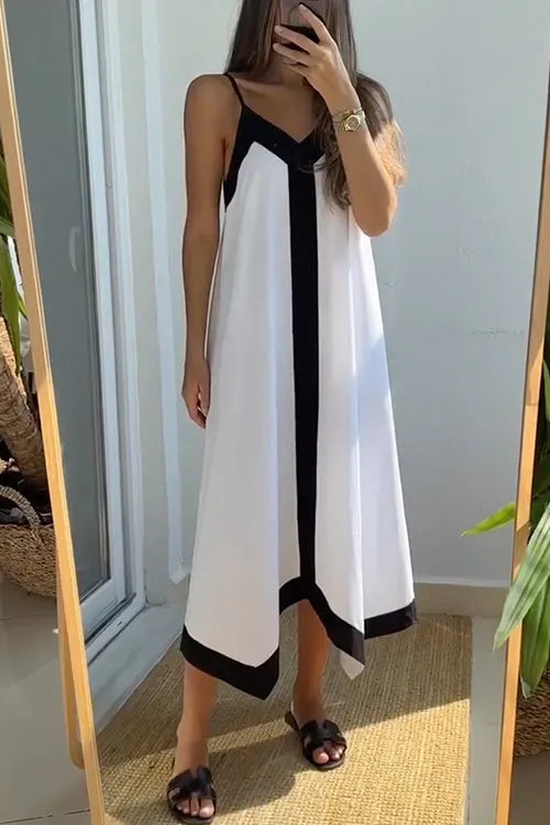 V Neck Color Block Midi Cami Vacation Dress