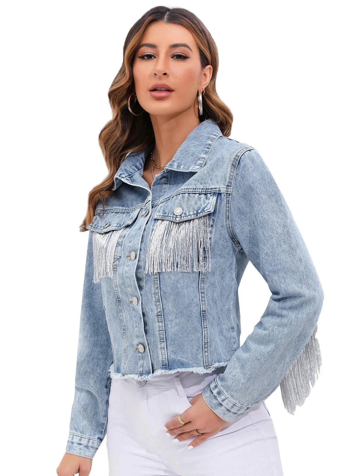 Denim Jacket for Women with Trendy Fringe and Casual Look