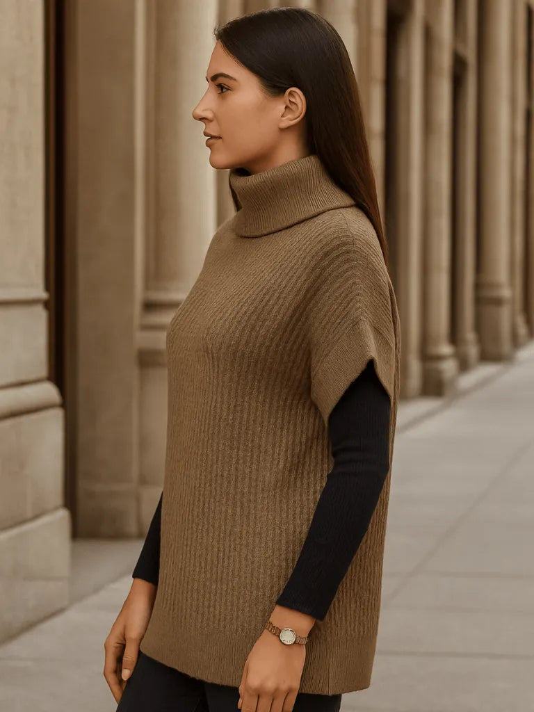 SuÃ©ter Feminino Gola Alta Manga Asa de Morcego Marrom