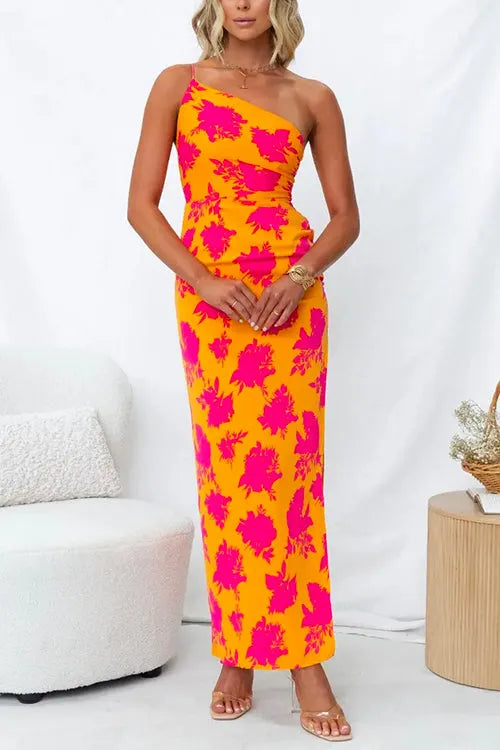 One Shoulder Side Split Printed Cami Maxi Dress