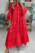 Lochstickerei Kleid – V-Ausschnitt & 3/4-Ärmel