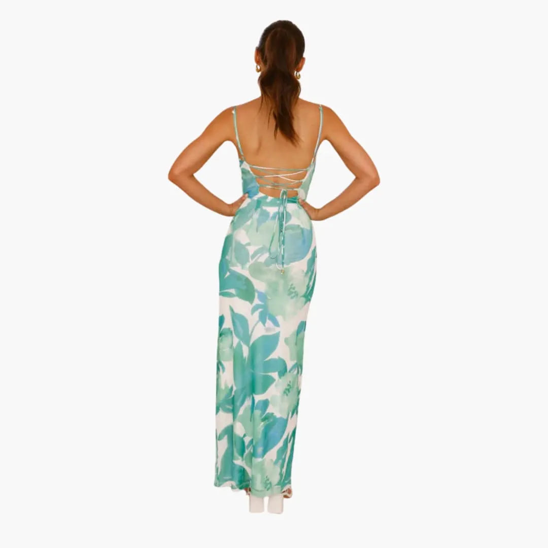 Womenâ€™s maxi dress with cowl neckline and lace-up back