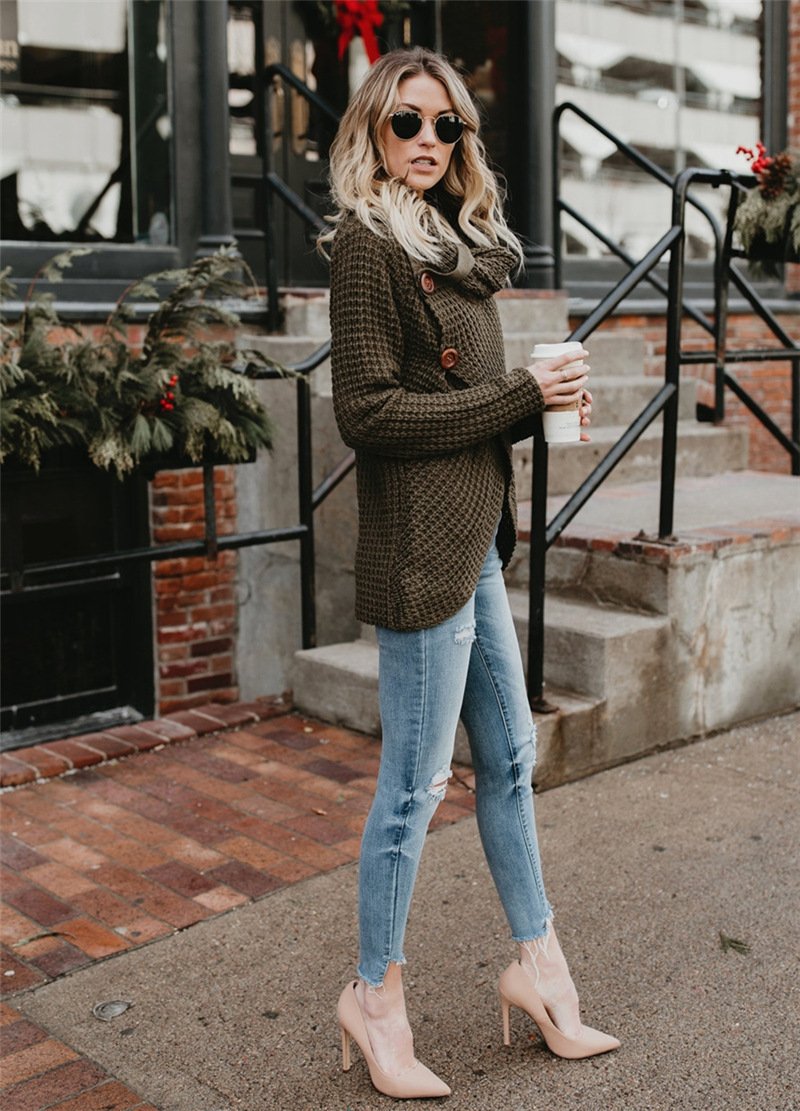 Turtleneck Cardigan Solid Color Button Irregular Sweater