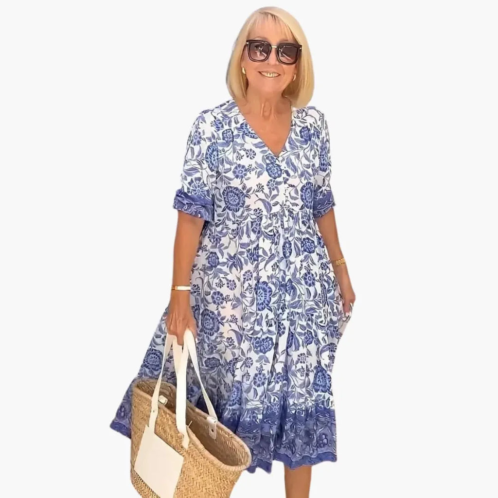 Womenâs Midi Dress with V-Neck and Tiered Hem
