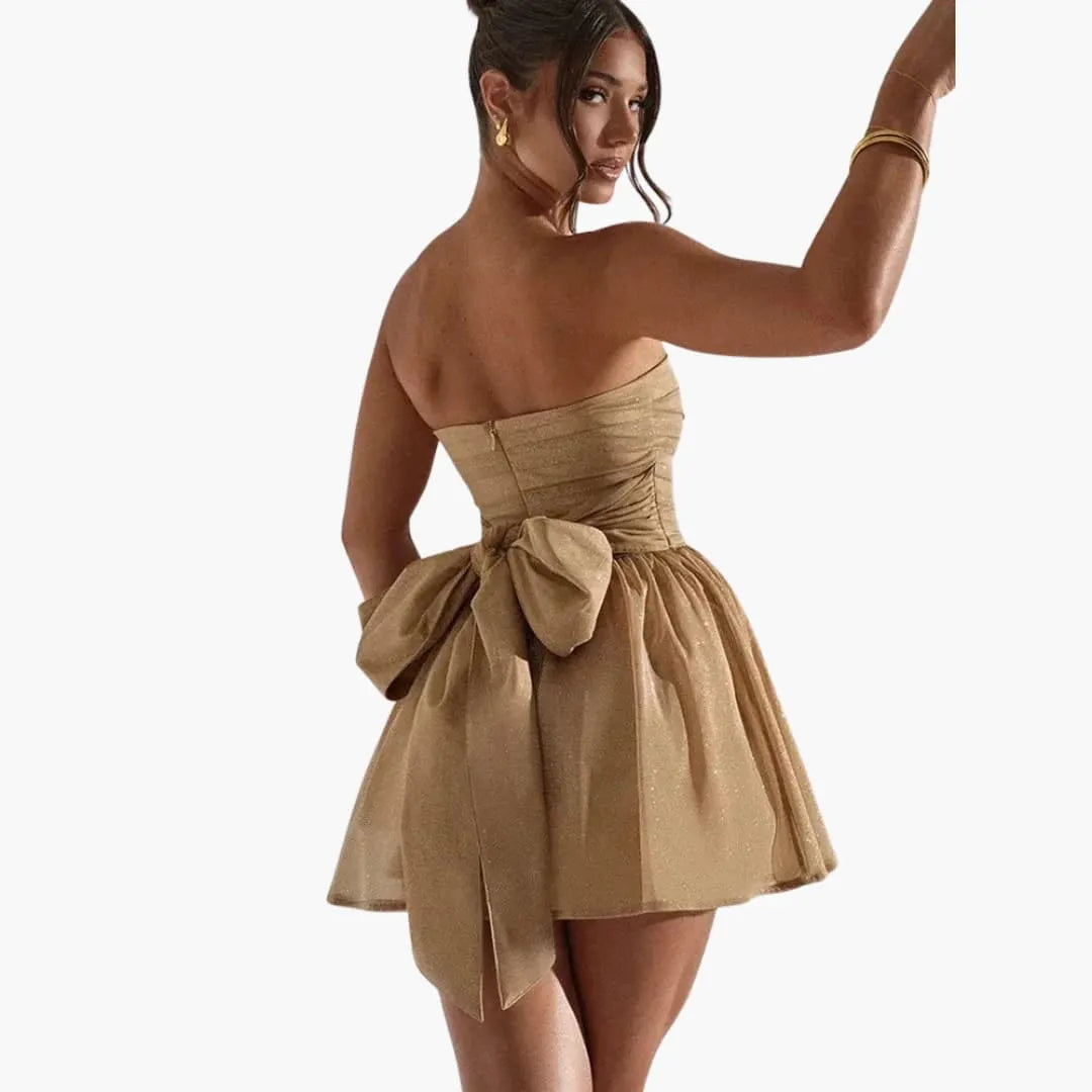 Womenâ€™s mini dress with bandeau neckline and flared skirt