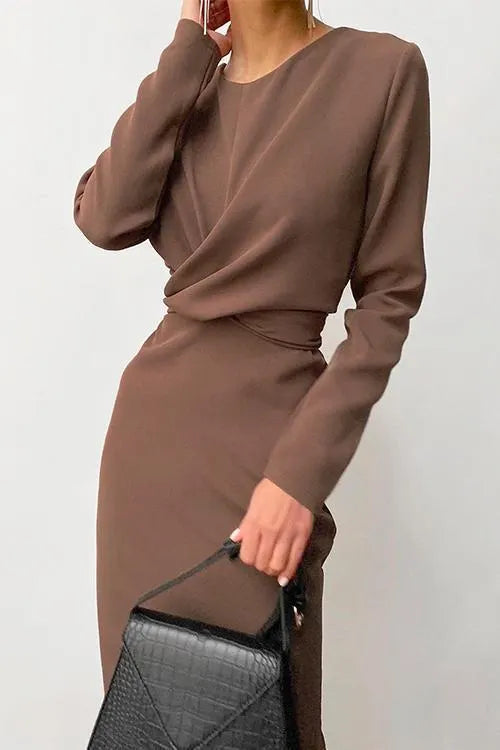 Solid Front Cross Slit Back Ruched Midi Dress