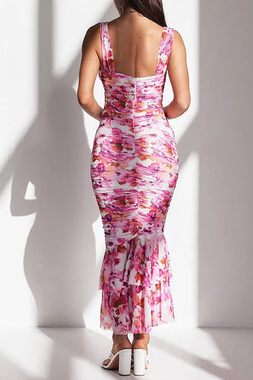 Cut Out Mesh Overlay Floral Print Ruffle Midi Cami Dress