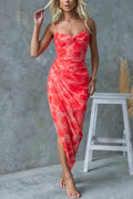 Twist Front Side Slit Mesh Overlay Printed Maxi Cami Dress