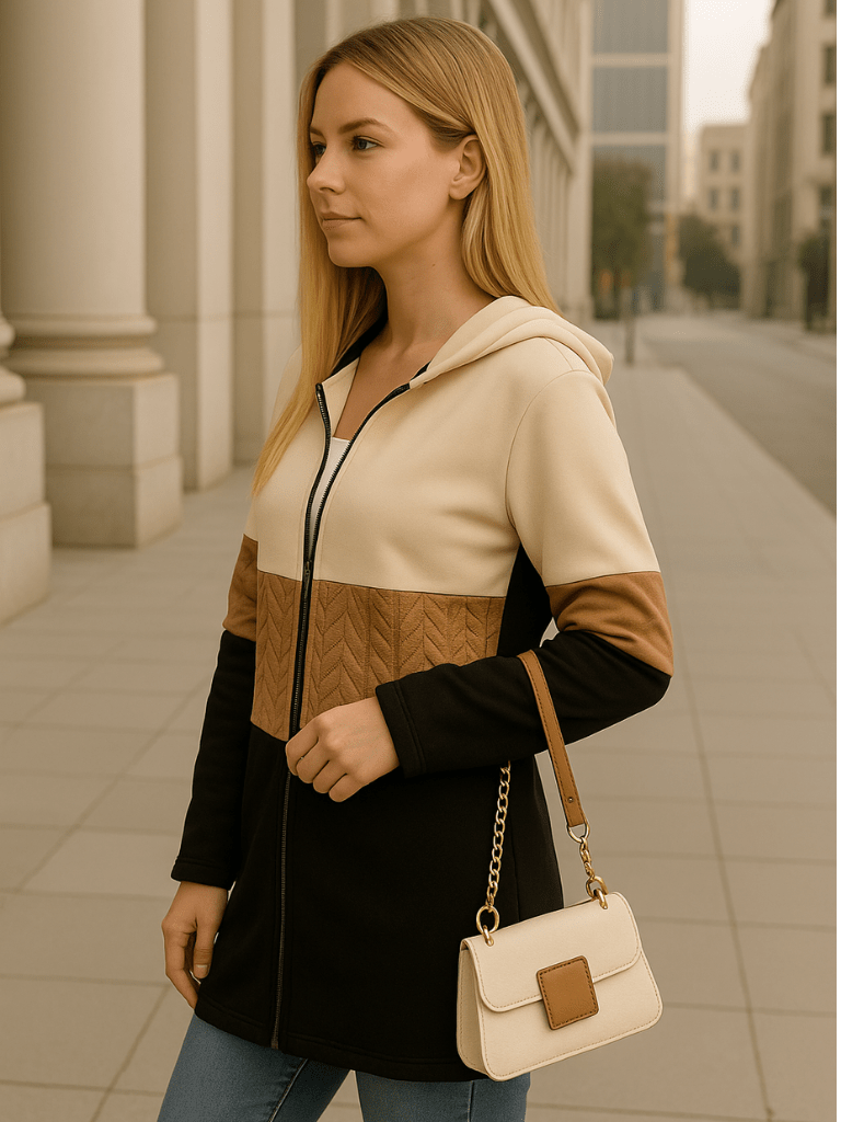 Casaco Feminino Bloco de Cores com ZÃ­per Capuz Marrom